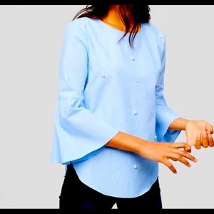 Loft light blue chambray top with pearls on front